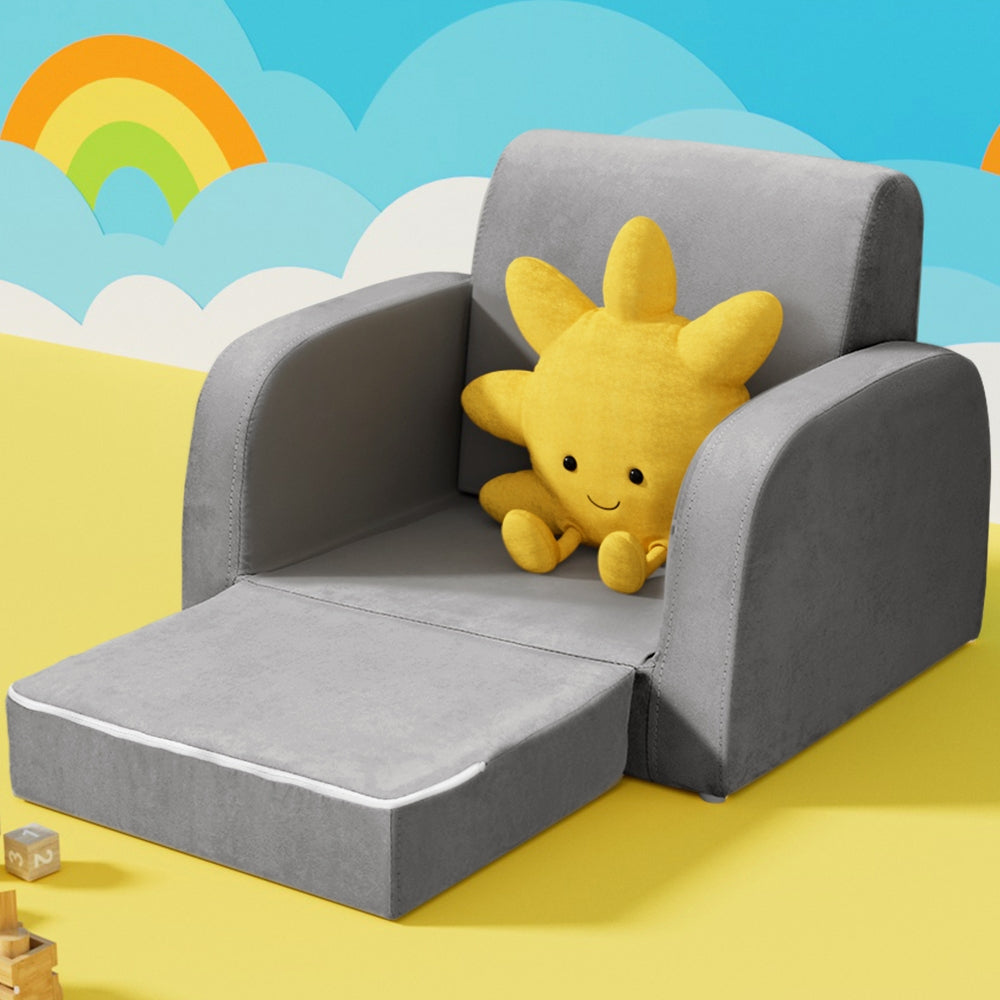 Keezi Kids Sofa 2 Seater Children Flip Open Couch Lounger Armchair Soft Grey - Baby & Kids > Kid’s Furniture > Kid’s