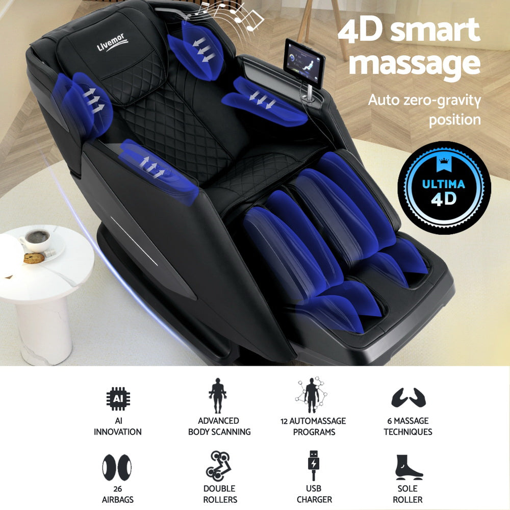 Livemor 4D Massage Chair Electric Recliner Home Massager Black - Furniture > Bar Stools & Chairs > Massage Chairs