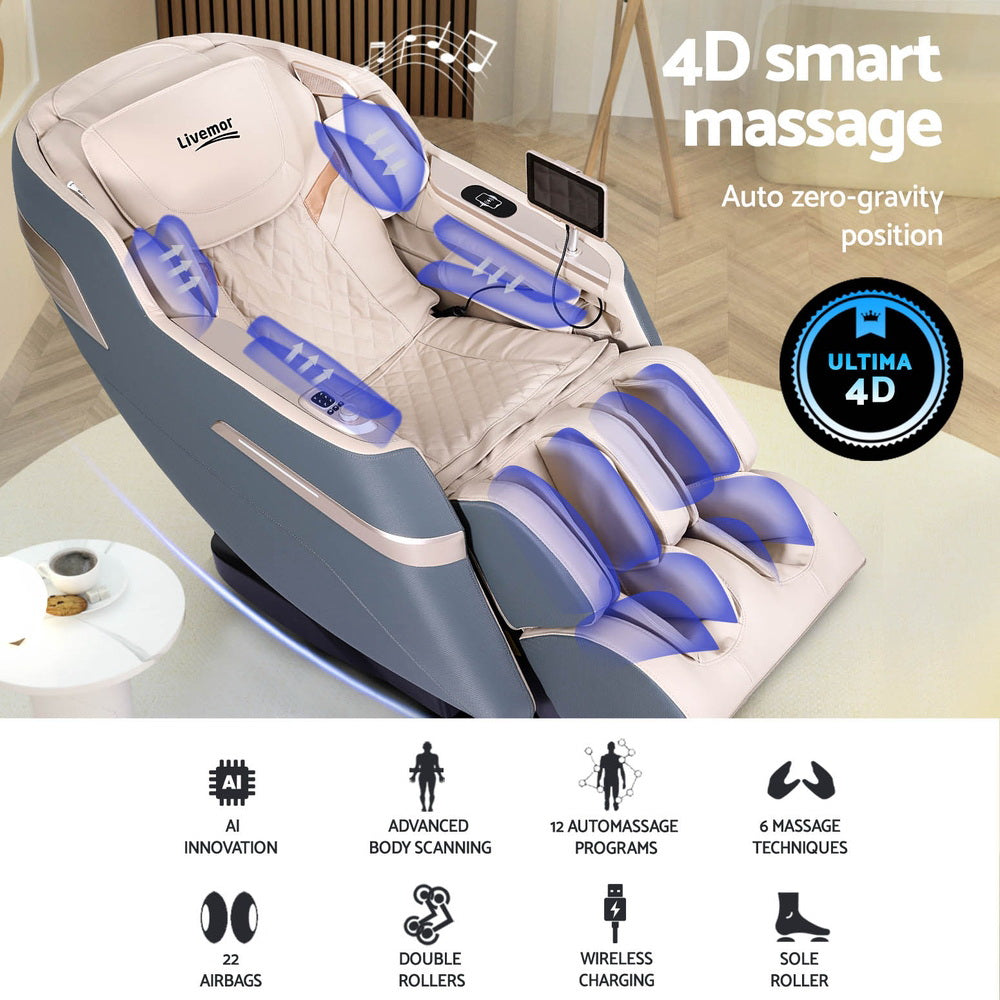 Livemor 4D Massage Chair Electric Recliner Home Massager Gray Sina - Furniture > Bar Stools & Chairs > Massage Chairs