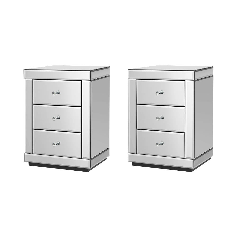 Artiss Set of 2 Bedside Table 3 Drawers Mirrored Glass - PRESIA Silver - Furniture > Bedroom > Bedside Tables