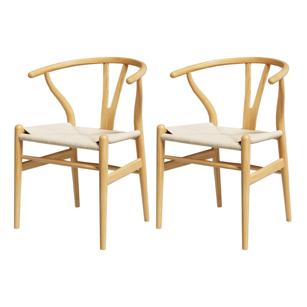 1 Set of 2 Artiss Dining Chairs Wooden Rattan Seat Wishbone Back - Furniture > Dining > Kitchen & Dining Chairs