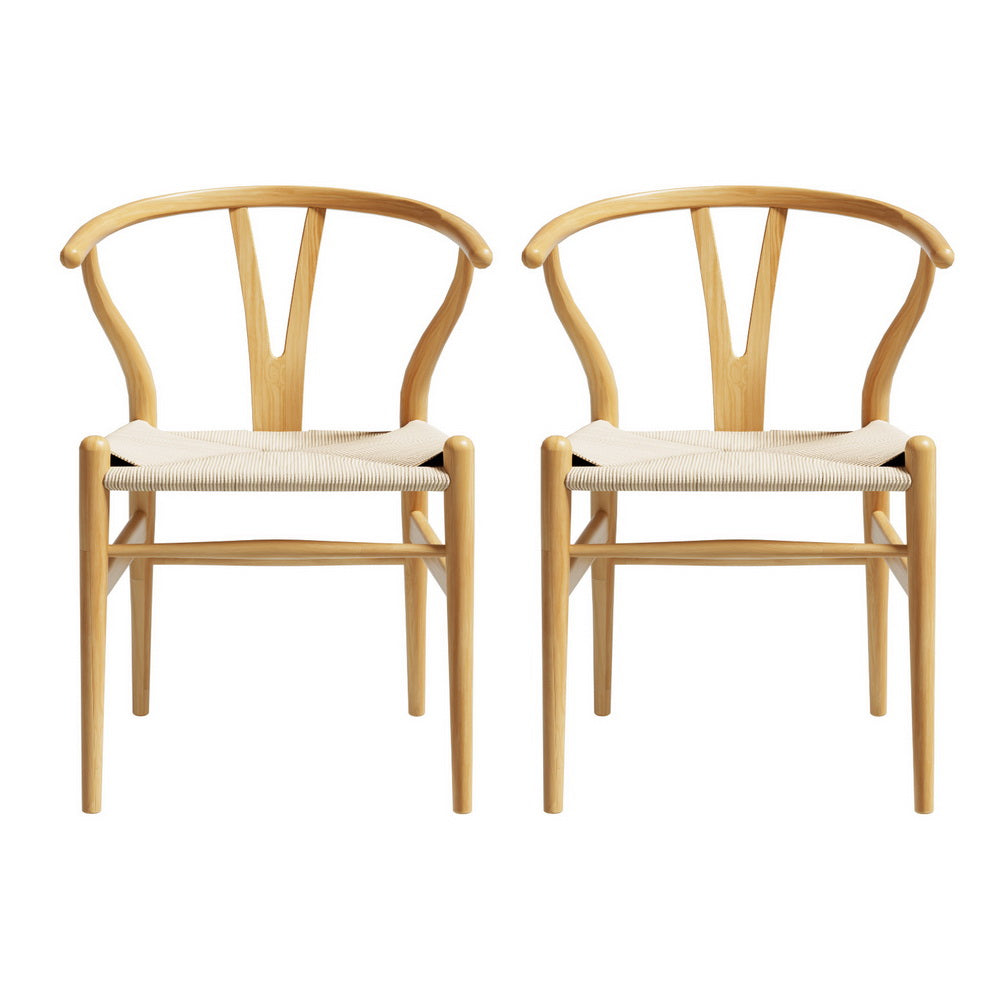 1 Set of 2 Artiss Dining Chairs Wooden Rattan Seat Wishbone Back - Furniture > Dining > Kitchen & Dining Chairs