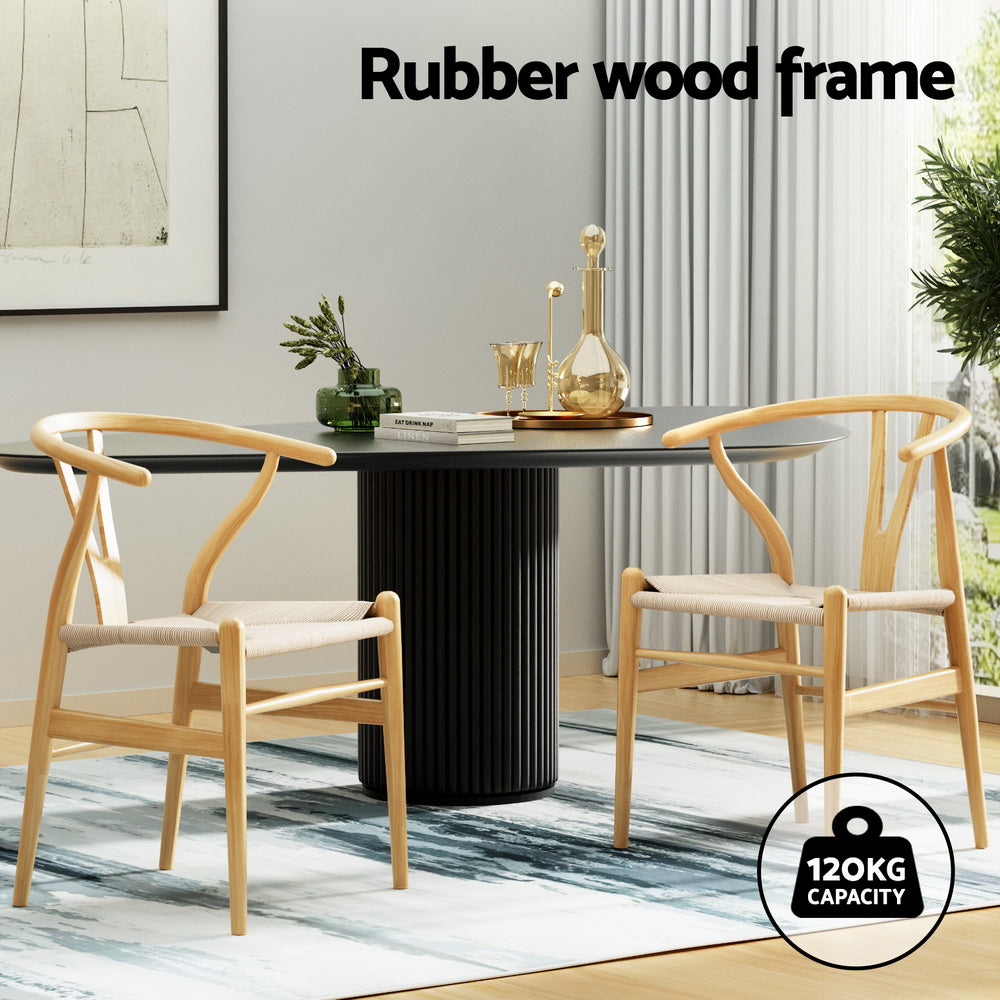 1 Set of 2 Artiss Dining Chairs Wooden Rattan Seat Wishbone Back - Furniture > Dining > Kitchen & Dining Chairs