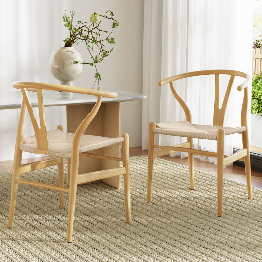 1 Set of 2 Artiss Dining Chairs Wooden Rattan Seat Wishbone Back - Furniture > Dining > Kitchen & Dining Chairs