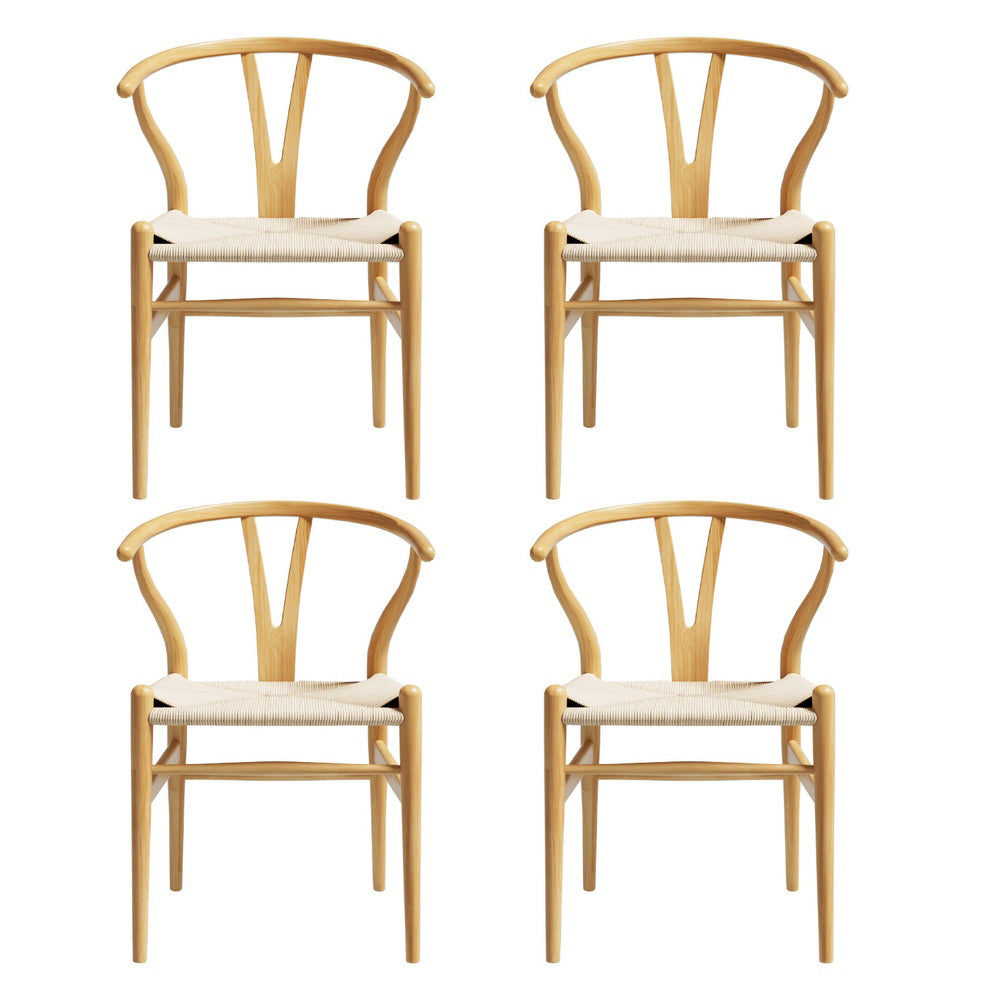 1 Set of 4 Artiss Dining Chairs Wooden Rattan Seat Wishbone Back - Furniture > Dining > Kitchen & Dining Chairs