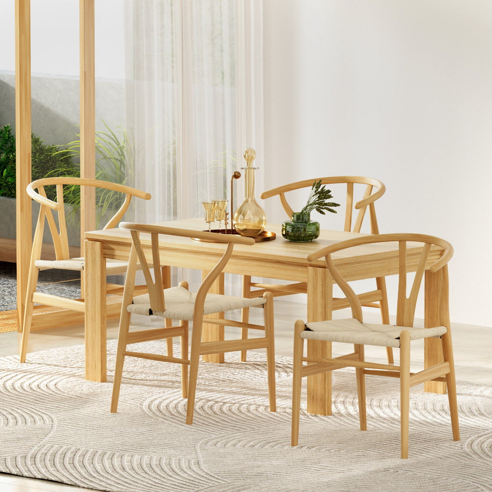 1 Set of 4 Artiss Dining Chairs Wooden Rattan Seat Wishbone Back - Furniture > Dining > Kitchen & Dining Chairs
