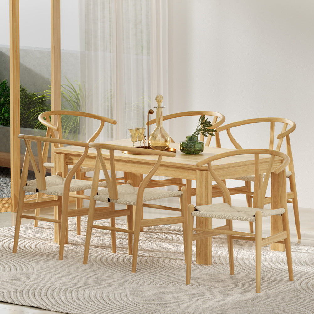 1 Set of 6 Artiss Dining Chairs Wooden Rattan Seat Wishbone Back Furniture > Dining > Kitchen & Dining Chairs