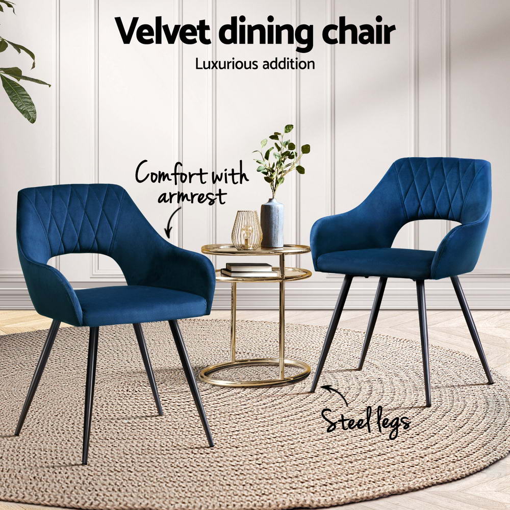 Artiss Dining Chairs Set of 4 Velvet Hollow Armchair Blue - Furniture > Dining > Kitchen & Dining Chairs