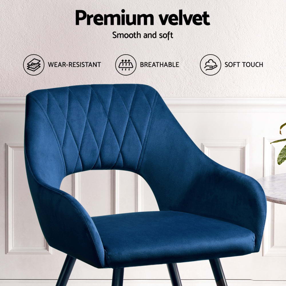 Artiss Dining Chairs Set of 4 Velvet Hollow Armchair Blue - Furniture > Dining > Kitchen & Dining Chairs