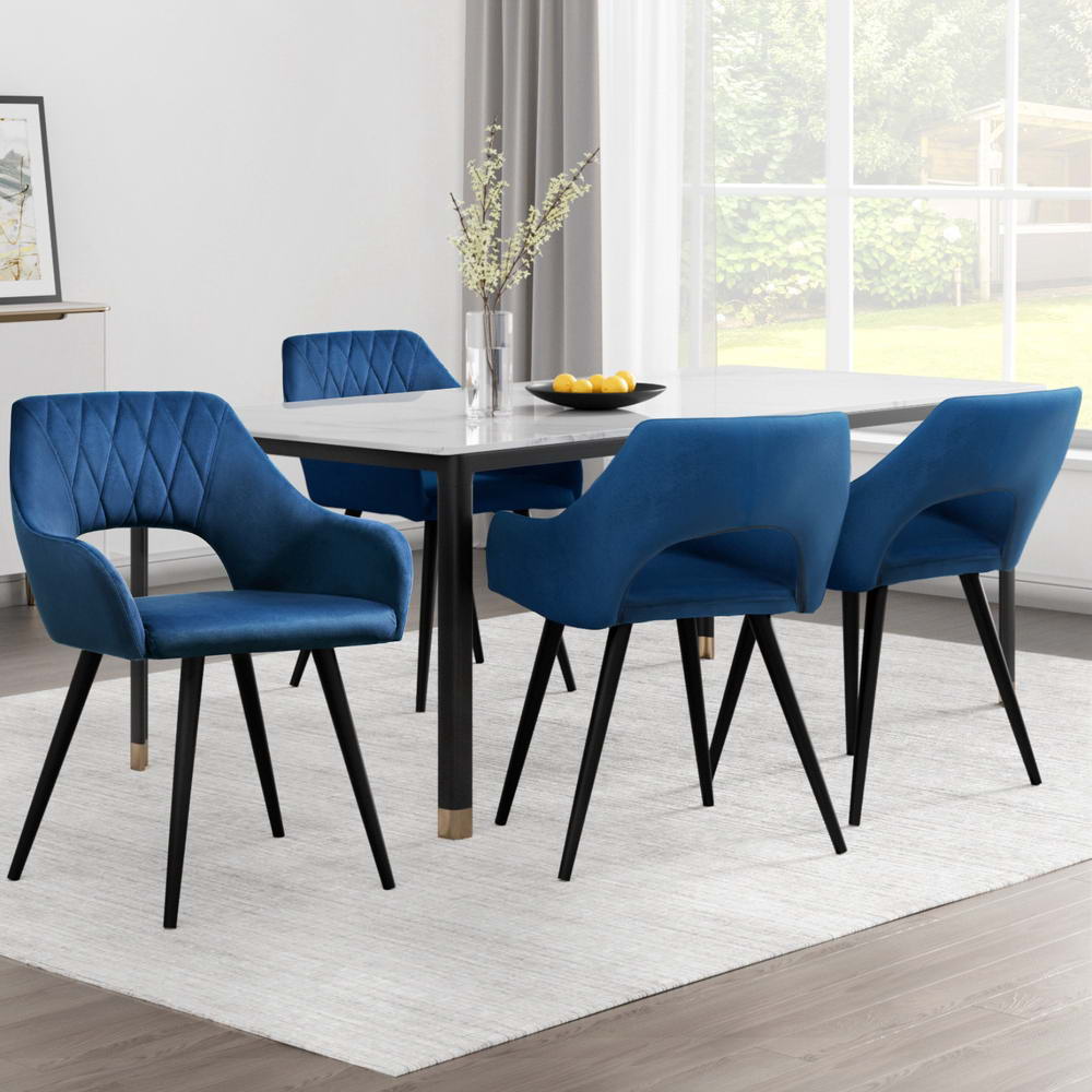 Artiss Dining Chairs Set of 4 Velvet Hollow Armchair Blue - Furniture > Dining > Kitchen & Dining Chairs
