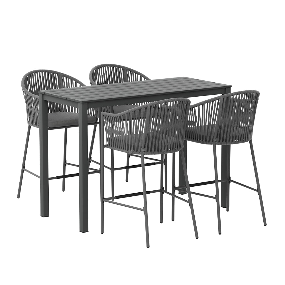 Gray outdoor dining table with four matching chairs on a white background