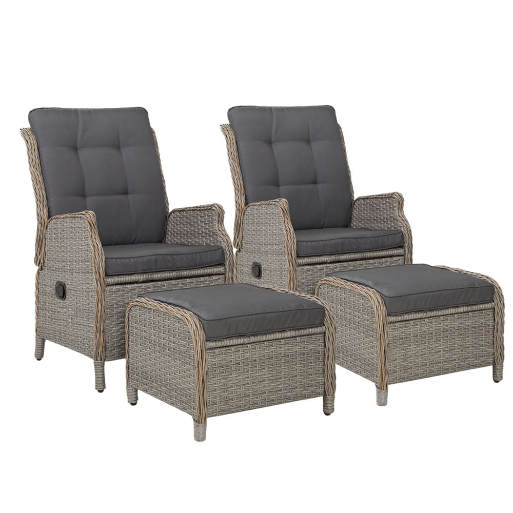 Gardeon 2PC Recliner Chair Sun lounge Wicker Lounger Outdoor Furniture Adjustable Grey - Furniture > Outdoor > Outdoor