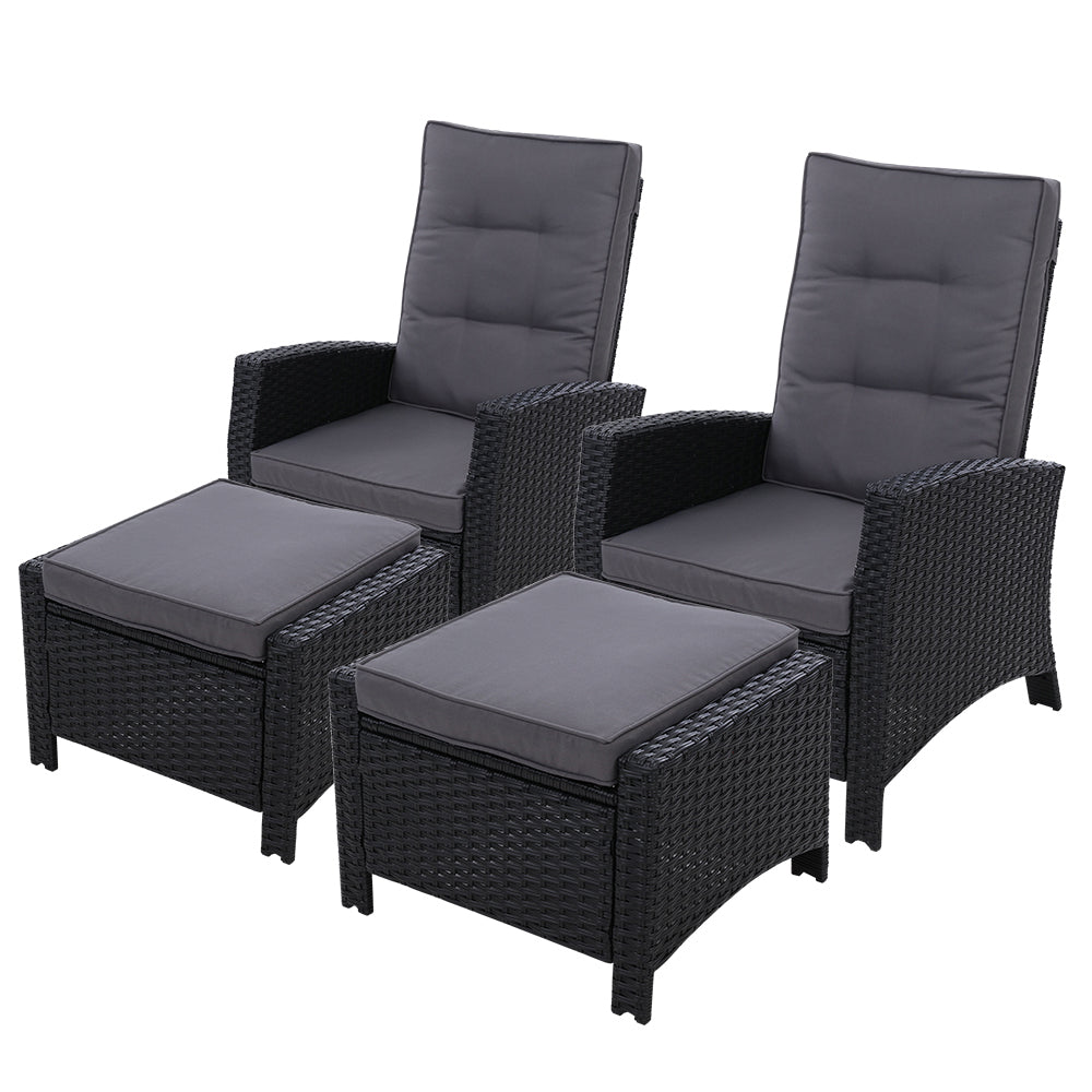 Gardeon 2PC Recliner Chairs Sun lounge Wicker Lounger Outdoor Furniture Adjustable Black - Furniture > Outdoor >