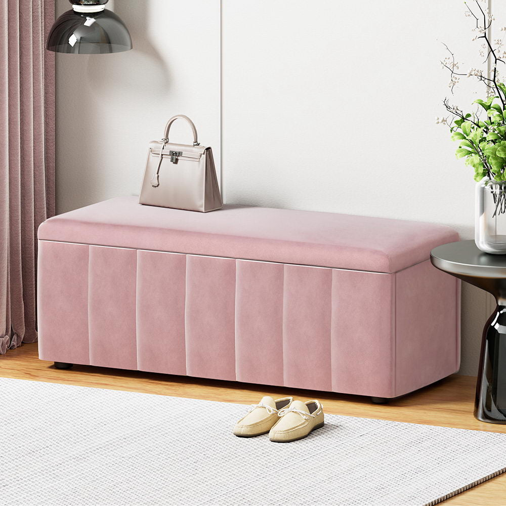 Artiss Storage Ottoman Blanket Box 103cm Velvet Pink - Furniture > Living Room > Ottomans & Footstools