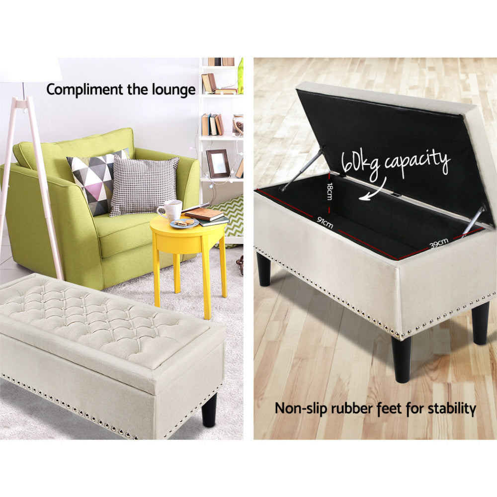 Artiss Storage Ottoman Blanket Box 96cm Linen Taupe - Furniture > Living Room > Ottomans & Footstools