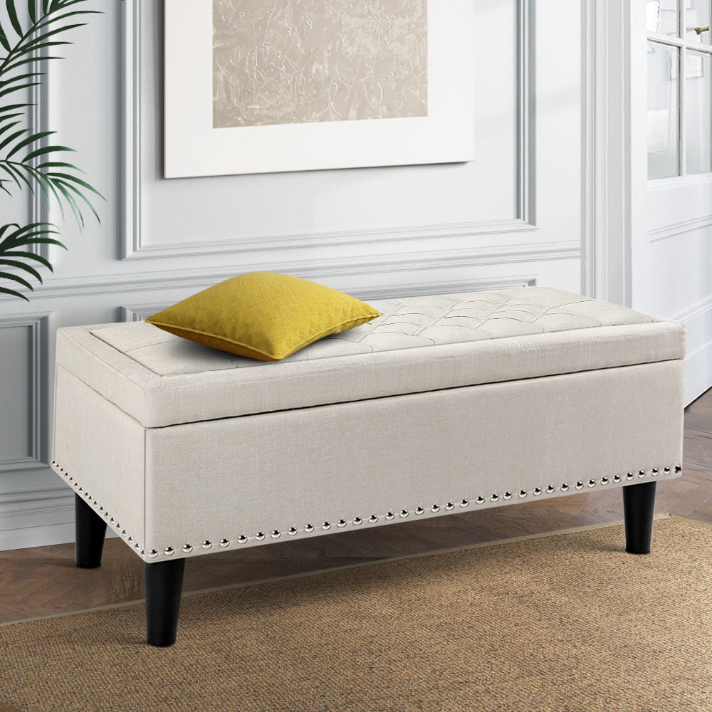 Artiss Storage Ottoman Blanket Box 96cm Linen Taupe - Furniture > Living Room > Ottomans & Footstools