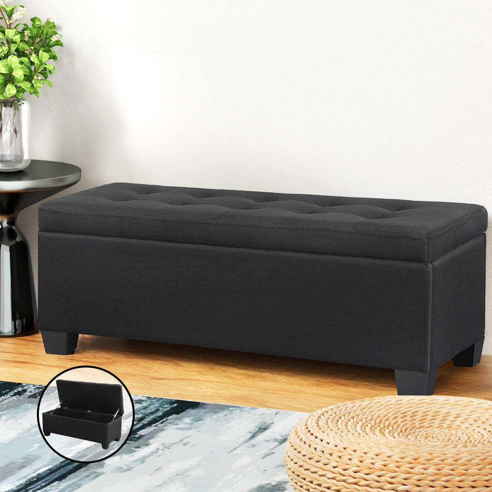 Artiss Storage Ottoman Blanket Box 97cm Linen Black - Furniture > Living Room > Ottomans & Footstools