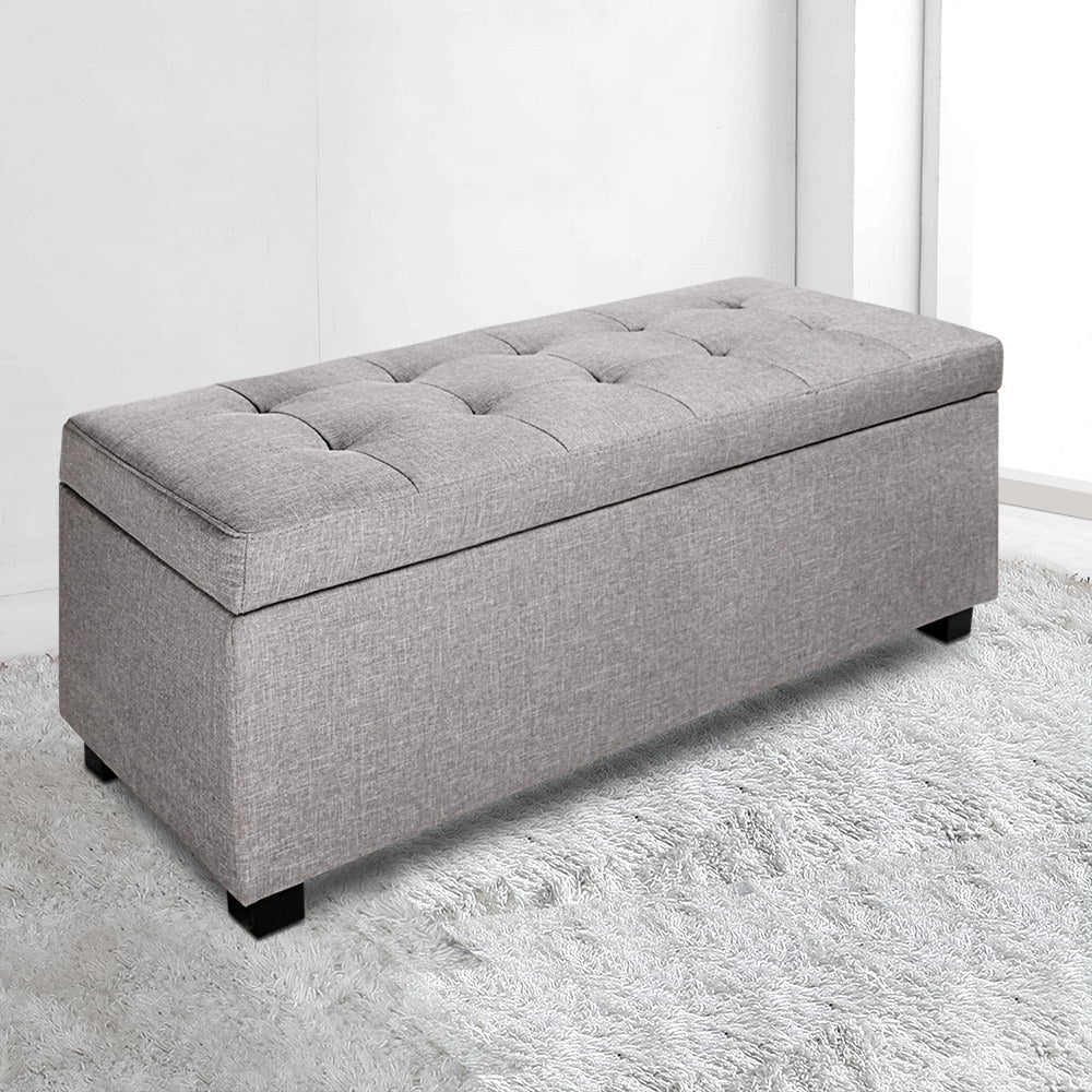Artiss Storage Ottoman Blanket Box 97cm Linen Light Grey - Furniture > Living Room > Ottomans & Footstools