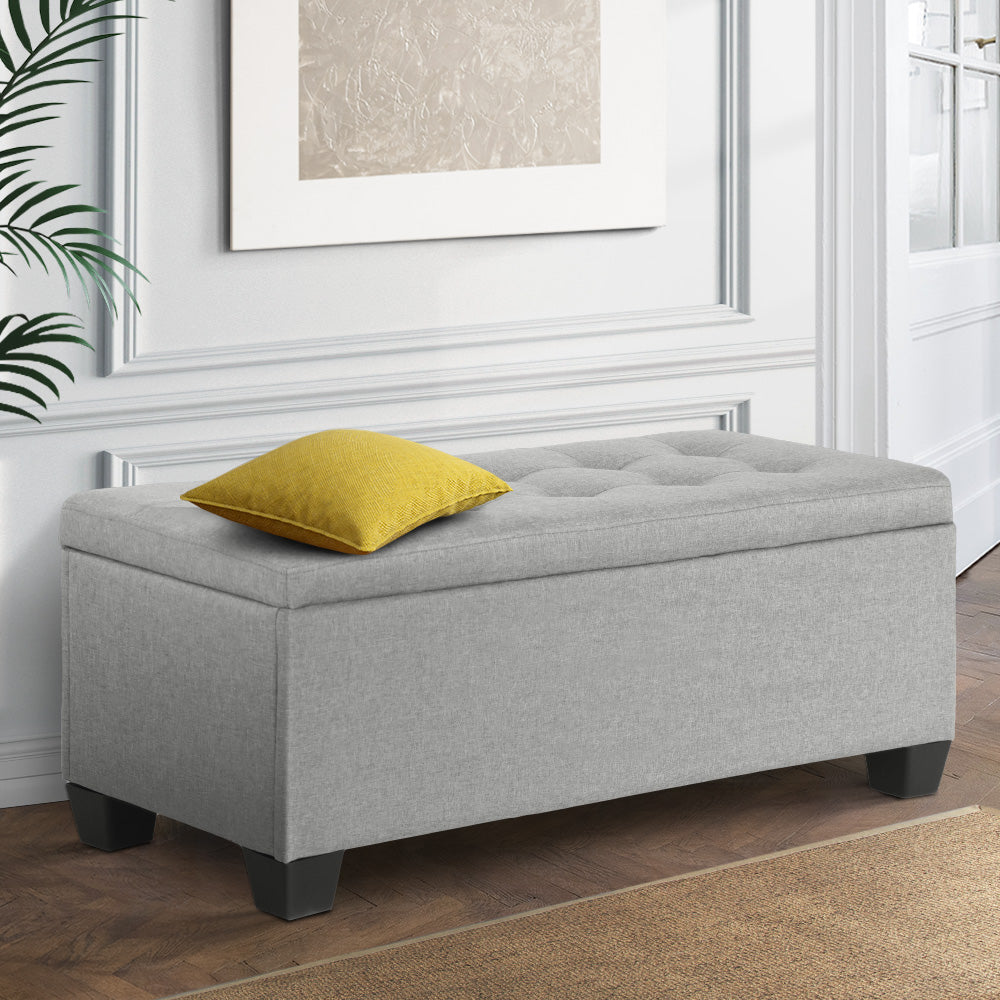 Artiss Storage Ottoman Blanket Box 97cm Linen Light Grey - Furniture > Living Room > Ottomans & Footstools