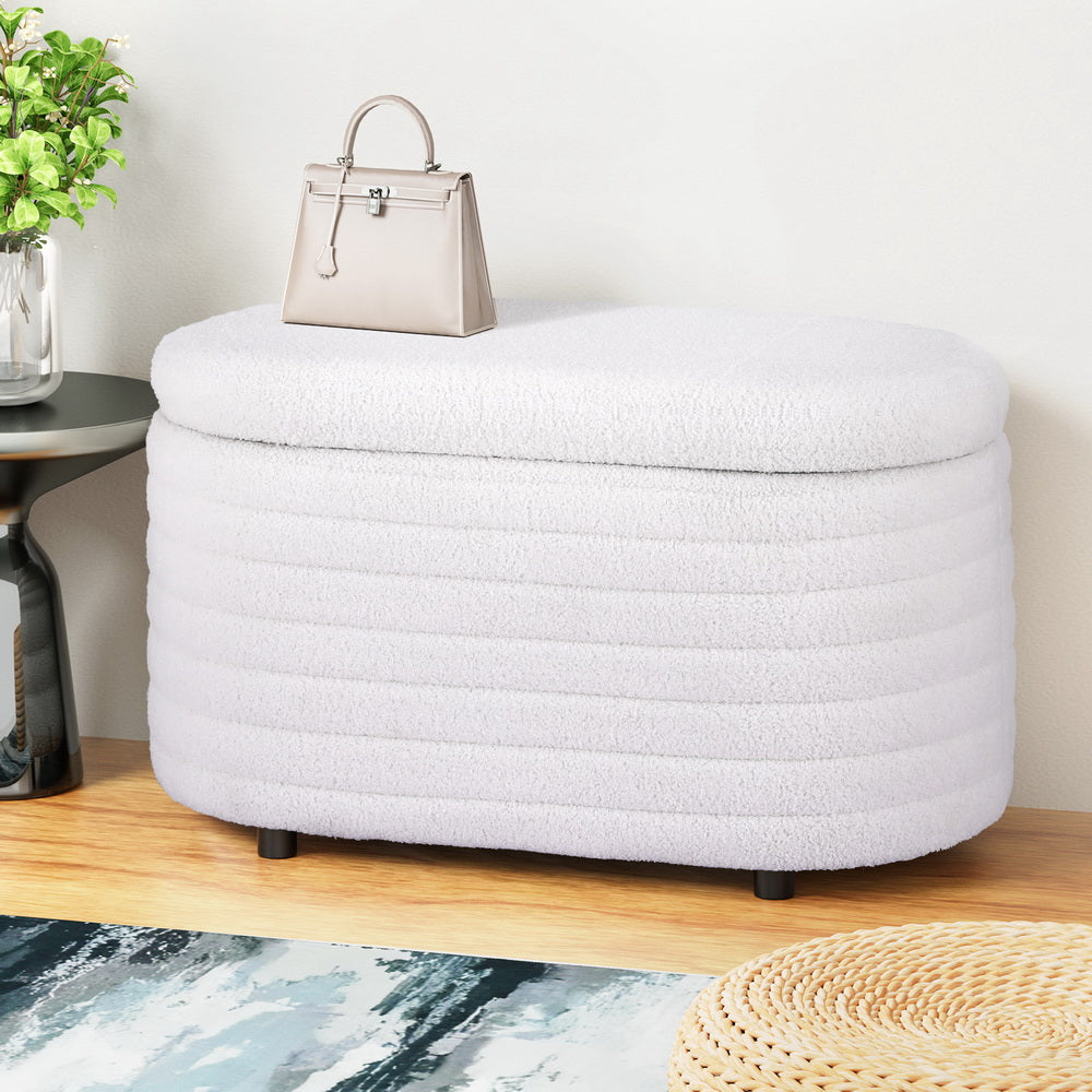 Artiss Storage Ottoman Blanket Box 87cm Boucle Fabric Oval - Furniture > Living Room > Ottomans & Footstools