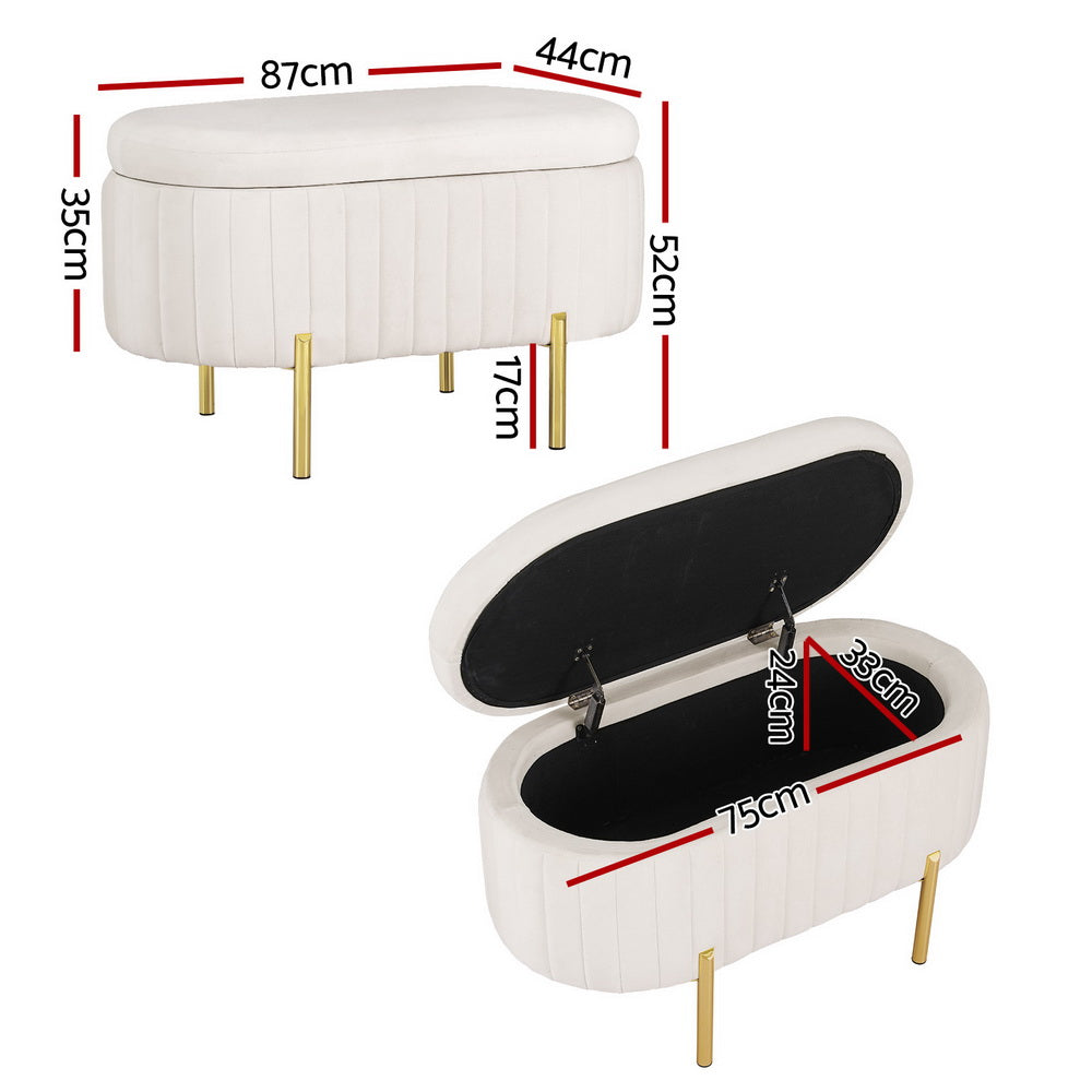 Artiss Storage Ottoman Blanket Box 87cm Velvet Oval White - Furniture > Living Room > Ottomans & Footstools