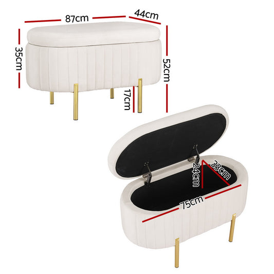 Artiss Storage Ottoman Blanket Box 87cm Velvet Oval White Furniture > Living Room > Ottomans & Footstools