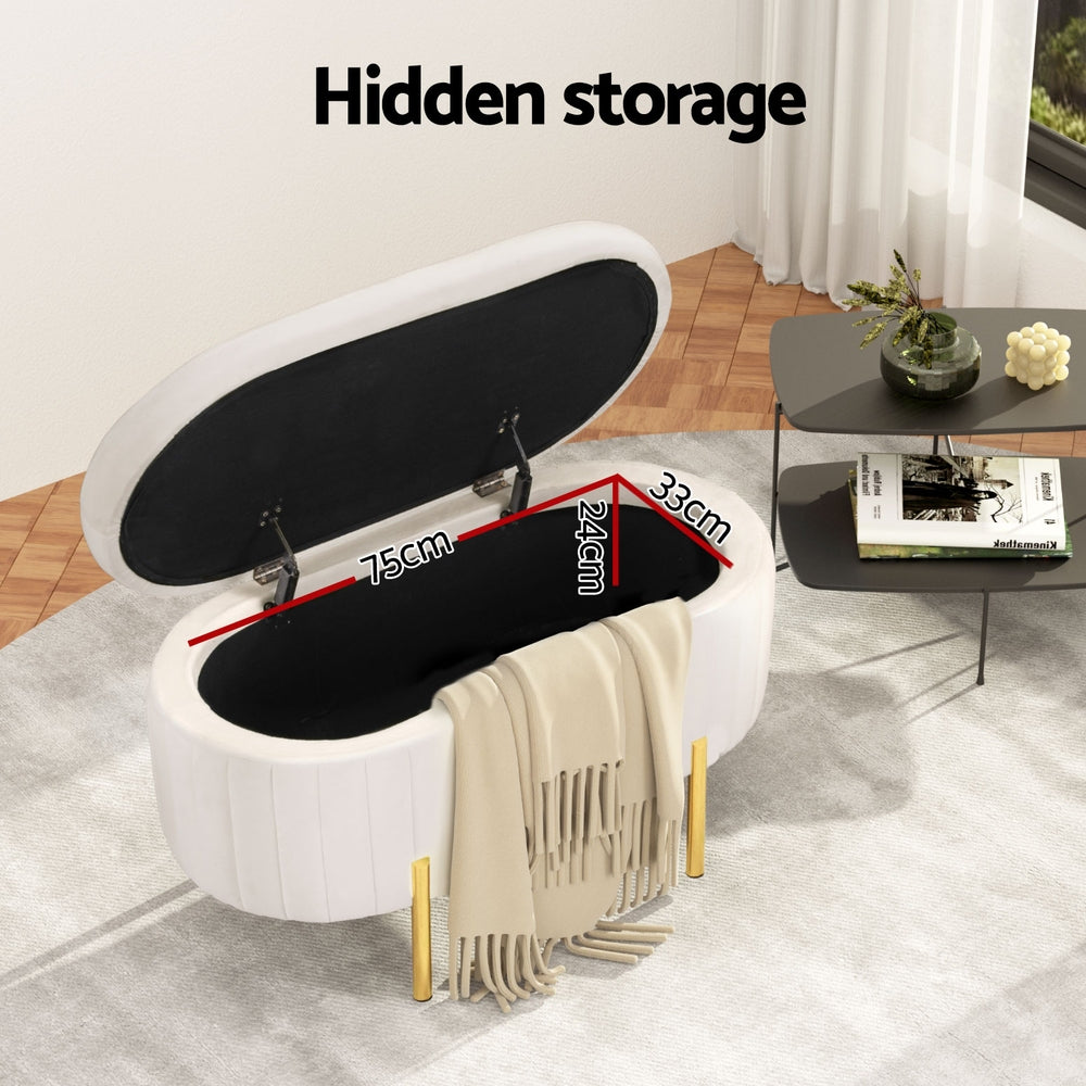 Artiss Storage Ottoman Blanket Box 87cm Velvet Oval White - Furniture > Living Room > Ottomans & Footstools