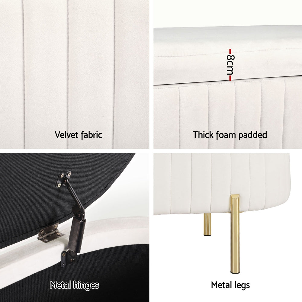 Artiss Storage Ottoman Blanket Box 87cm Velvet Oval White - Furniture > Living Room > Ottomans & Footstools