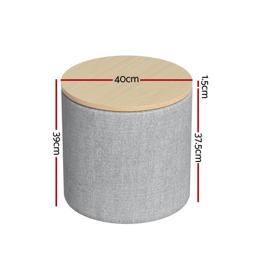 Artiss Storage Ottoman Blanket Box 40cm Linen Round Grey Furniture > Living Room > Ottomans & Footstools