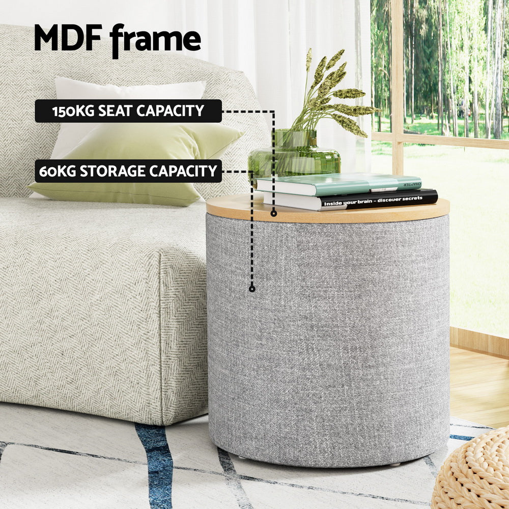 Artiss Storage Ottoman Blanket Box 40cm Linen Round Grey - Furniture > Living Room > Ottomans & Footstools