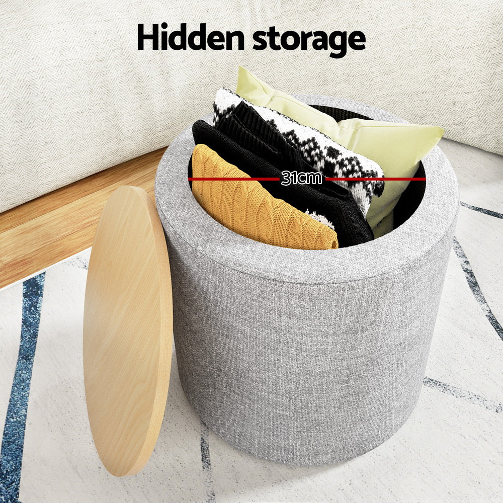 Artiss Storage Ottoman Blanket Box 40cm Linen Round Grey - Furniture > Living Room > Ottomans & Footstools