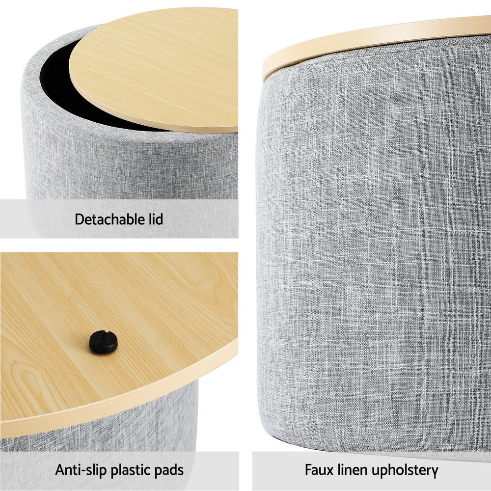 Artiss Storage Ottoman Blanket Box 40cm Linen Round Grey - Furniture > Living Room > Ottomans & Footstools