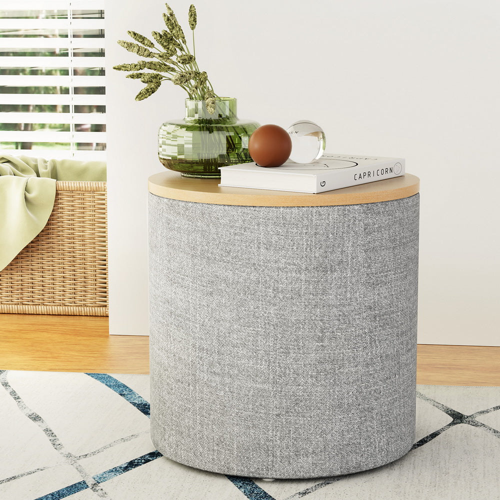 Artiss Storage Ottoman Blanket Box 40cm Linen Round Grey - Furniture > Living Room > Ottomans & Footstools