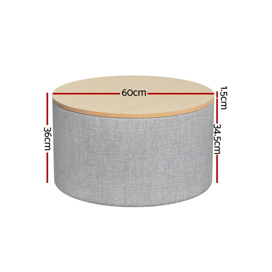 Artiss Storage Ottoman Blanket Box 60cm Linen Round Grey Furniture > Living Room > Ottomans & Footstools