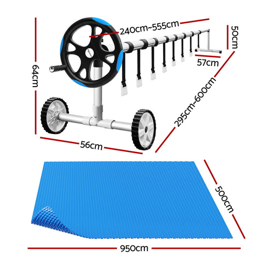 Aqua Buddy Pool Cover 600 Micron Solar Heat 9.5x5m Blanket w/ 5.55m Roller Blue