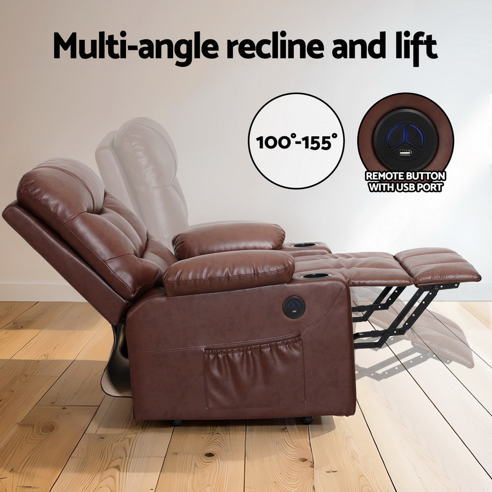 Artiss Recliner Chair Lift Assist Heated Massage Chair Leather Claude - Furniture > Bar Stools & Chairs > Massage Chairs