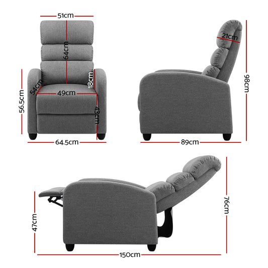 Artiss Recliner Armchair Grey Fabric Bolivia Furniture > Bar Stools & Chairs > Arm Chairs & Recliners