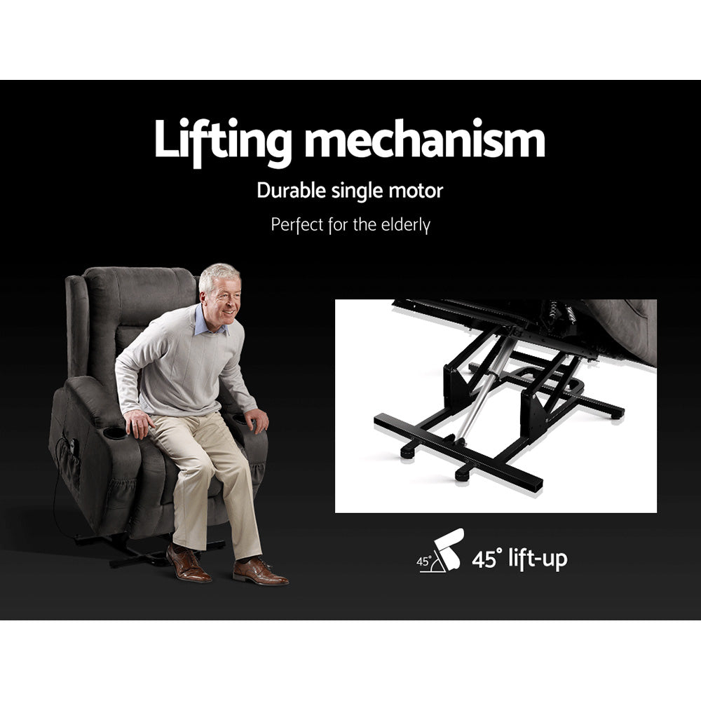 Artiss Recliner Chair Lift Assist Heated Massage Chair Velvet Rukwa - Furniture > Bar Stools & Chairs > Massage Chairs