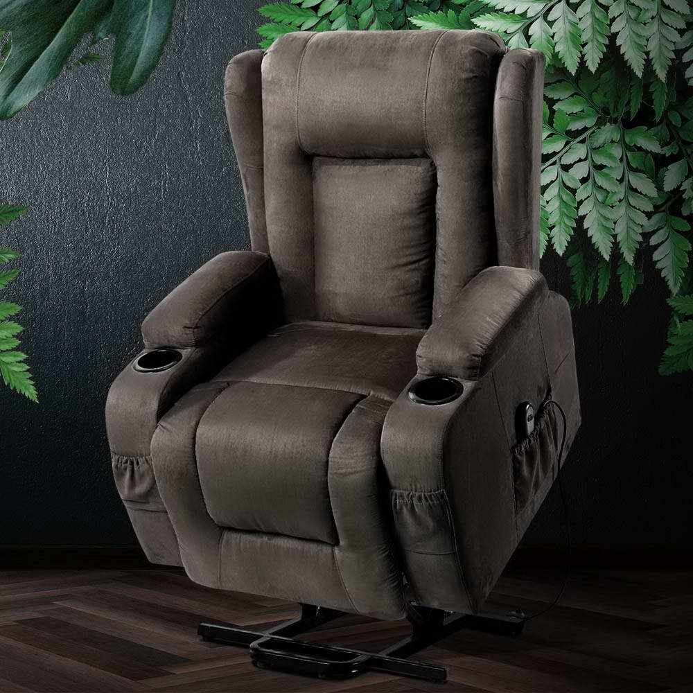 Artiss Recliner Chair Lift Assist Heated Massage Chair Velvet Rukwa - Furniture > Bar Stools & Chairs > Massage Chairs