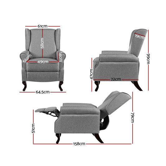 Artiss Recliner Armchair Grey Fabric Domini Furniture > Bar Stools & Chairs > Arm Chairs & Recliners