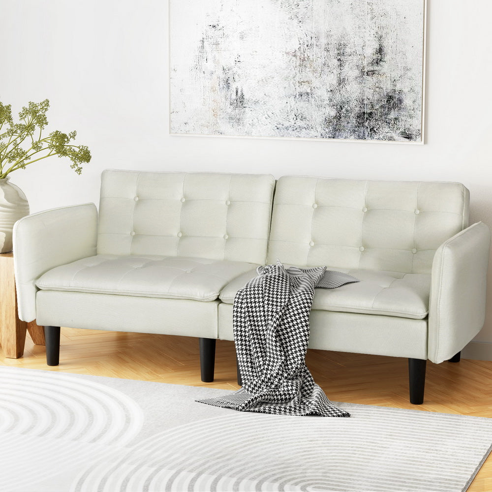 Artiss Sofa Bed 3 Seater Tufted Faux Linen Beige Furniture > Bar Stools & Chairs > Arm Chairs & Recliners
