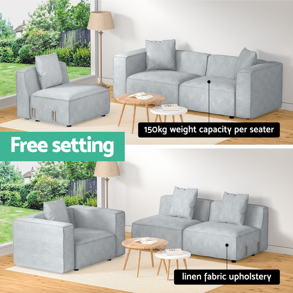Artiss Modular Sofa Chaise Set 3-Seater Grey - Furniture > Bar Stools & Chairs > Arm Chairs & Recliners