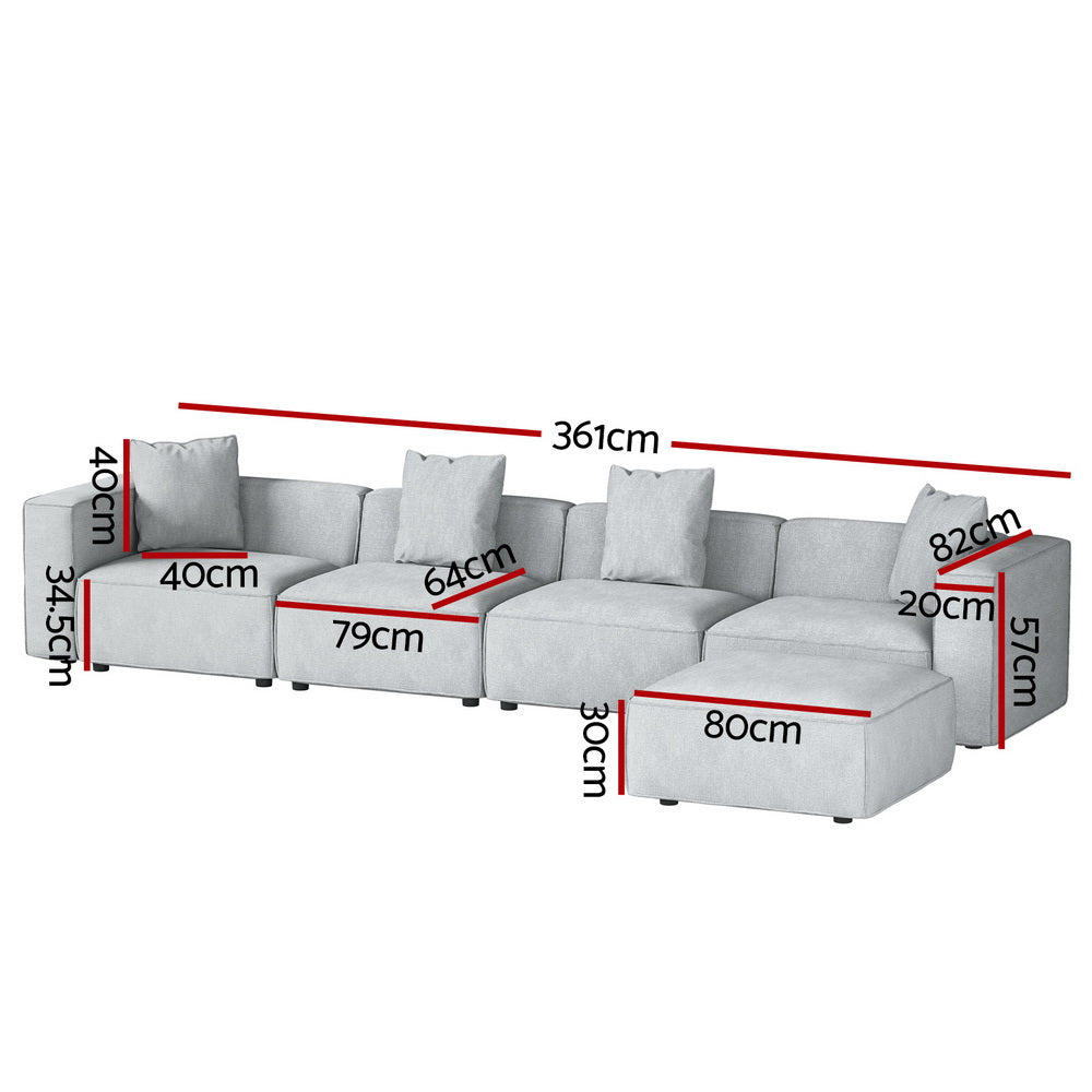 Artiss Modular Sofa Chaise Set 5-Seater Grey - Furniture > Bar Stools & Chairs > Arm Chairs & Recliners