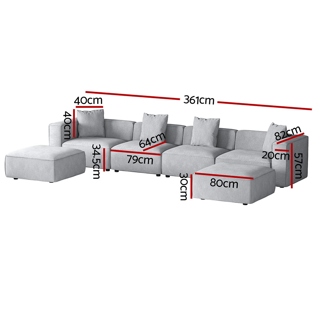 Artiss Modular Sofa Chaise Set 6-Seater Grey - Furniture > Bar Stools & Chairs > Arm Chairs & Recliners