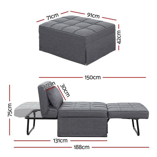 Artiss Sofa Bed Lounge Convertible Ottoman 1 Seater Couch Recliner Linen Grey Furniture > Sofas > Sofas & Sofa Beds