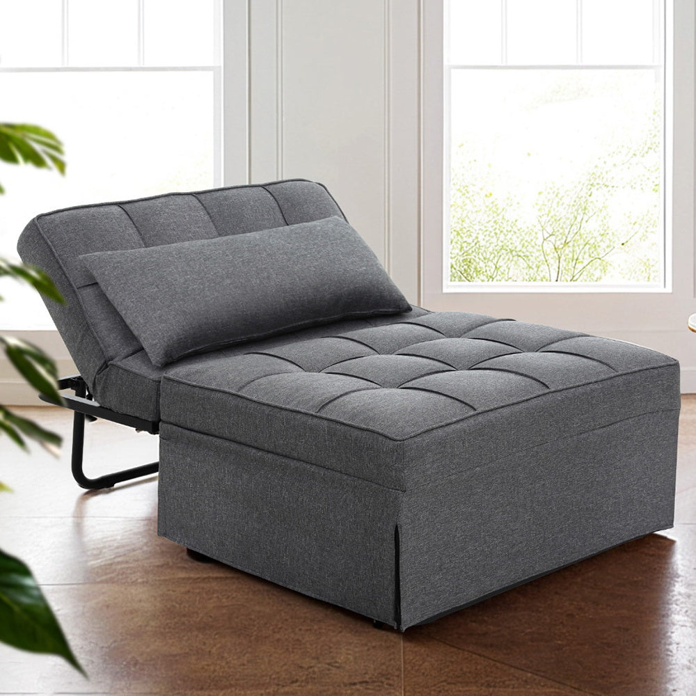 Sofa Bed Lounge Convertible Ottoman 1 Seater Couch Recliner Linen Grey - Furniture > Sofas > Sofas & Sofa Beds