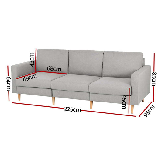 Artiss 3 Seater Sofa 225cm Linen Fabric Grey Furniture > Sofas > Sofas & Sofa Beds
