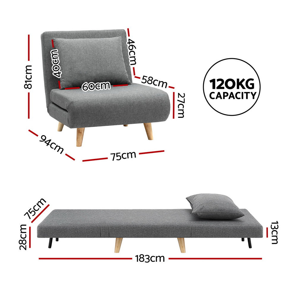 Artiss Sofa Bed Convertible Couch Recliner Lounge Chair Linen Grey - Furniture > Sofas > Sofas & Sofa Beds
