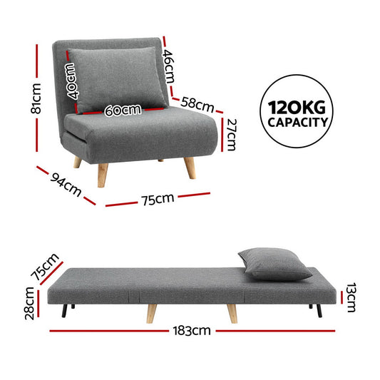 Artiss Sofa Bed Convertible Couch Recliner Lounge Chair Linen Grey Furniture > Sofas > Sofas & Sofa Beds