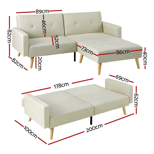 Artiss Sofa Bed Lounge Convertible Ottoman Couch Recliner 3 Seater Fabric Beige Furniture > Sofas > Sofas & Sofa Beds